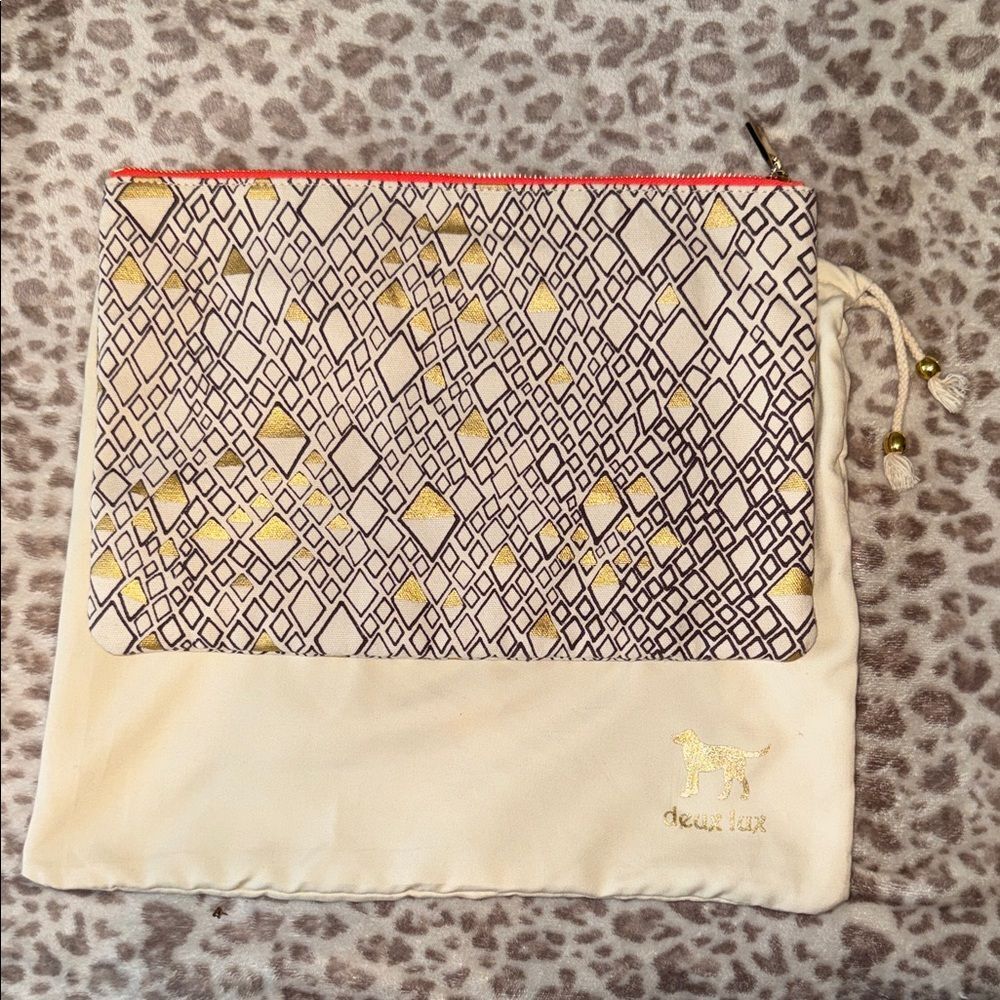 Deux Lux Cream Cosmetic Pouch with Gold Geometric Print and Coral Trim
